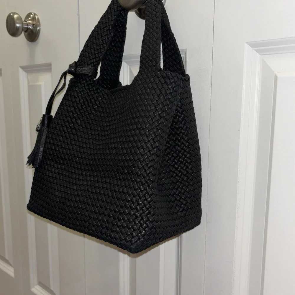 NWOT 120% Lino Italian Black Woven Handbag Mini Tote Logo Tassel